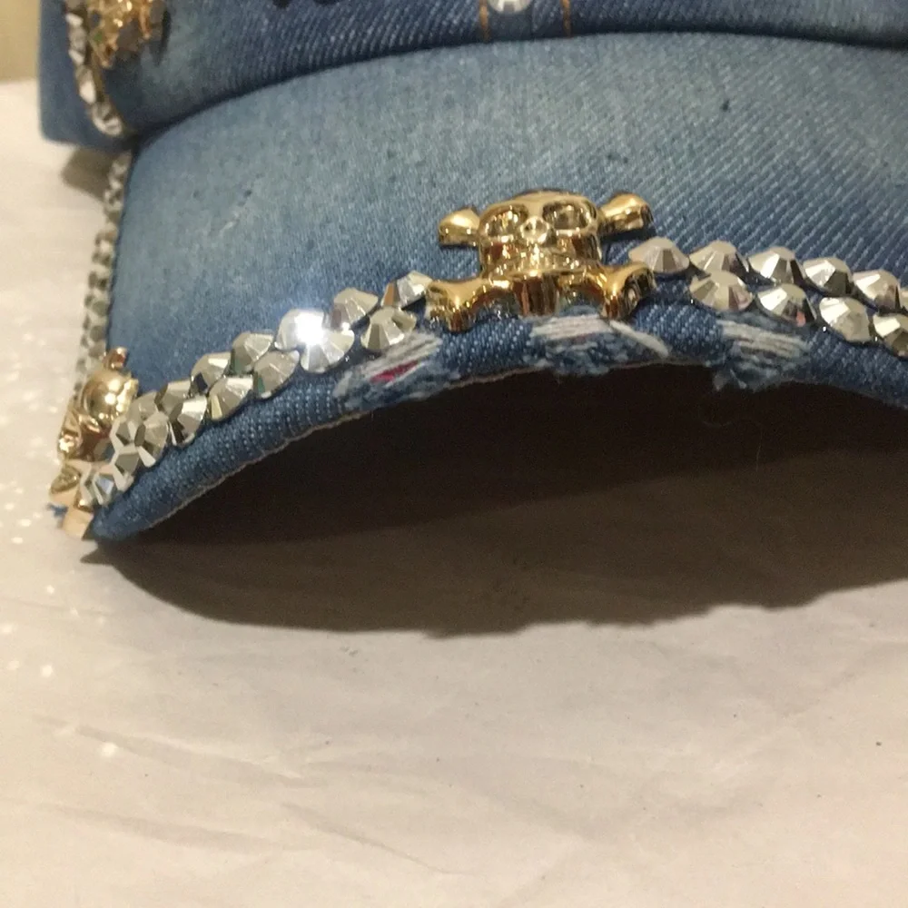 NWOT Denim Rhinestone distressed Skull Bling Hat adjustable strap unisex size OS